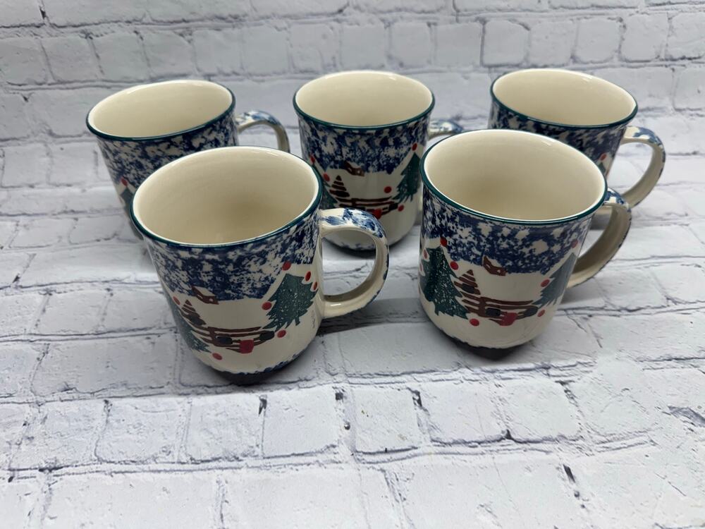 Vintage Tienshan Folkcraft Cabin in the Snow Christmas coffee mugs Set of 5!!